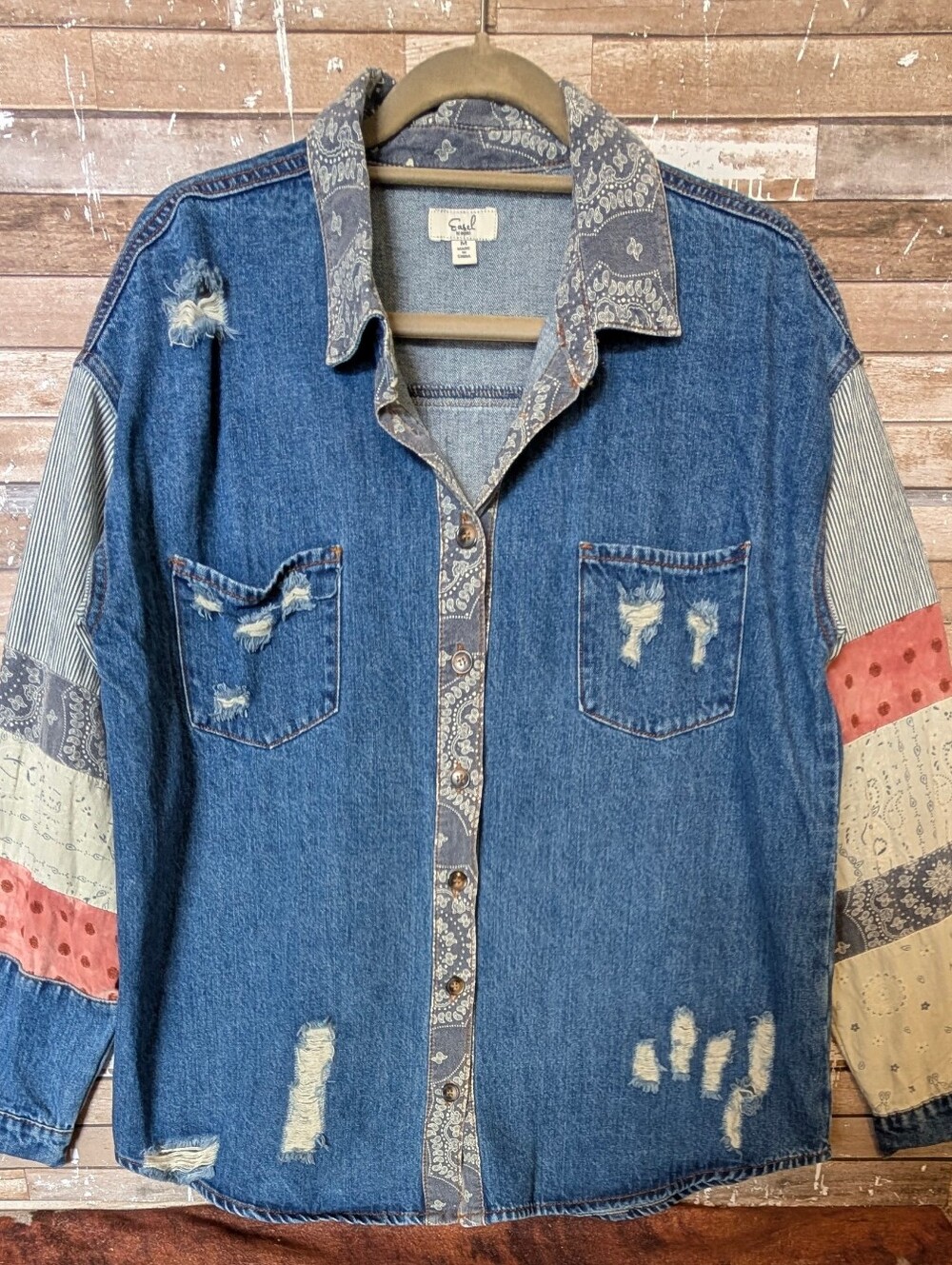 Easel Distressed Denim Shirt With Mixed Print Sleeves